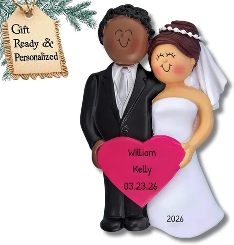 Miniatura 14 de Adorno personalizado de casado de nuestra primera Navidad 2025 Nombre y año personalizados Recuerdo de boda rubia de novia y novio morena Boda