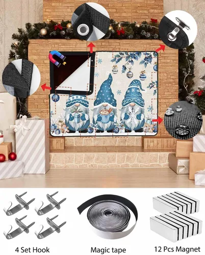 Miniatura 5 de Cubierta magnética azul para chimenea, detiene la pérdida de calor, pantalla de chimenea para interiores, bolas de gnomos de Navidad, árbol de copo