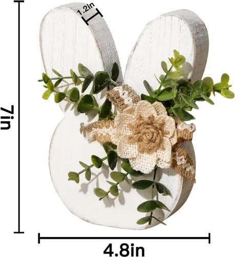Miniatura 2 de Decoraciones de Pascua para el hogar: Rústica Antigua Conejito de Madera Feliz Pascua Mesa, Conejo Blanco de Granja con Flores Conejo de Madera