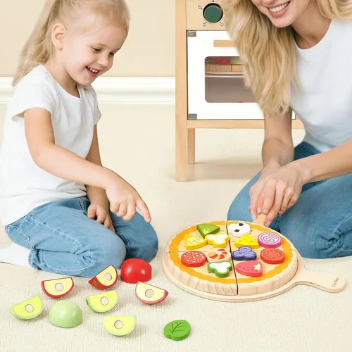 Miniatura 3 de PairPear Juego de comida de madera para cortar pizza, 28 piezas de juguete de pizza, juego de cocina Montessori, accesorios de cocina, regalo