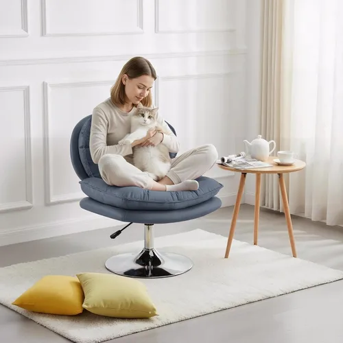 Miniatura 2 de MCombo Silla giratoria sin brazos con ajuste de altura, silla de tocador tapizada de tela tecnológica con base redonda de metal y asiento de doble