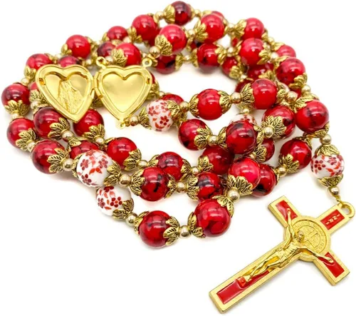 Miniatura 2 de Nazareth Store Saint Benedict 10mm Glass Rosary Beads Catholic Necklace Flowers Mystery Bead Miraculous Medal Locket Cross Prayer Rosarios Catolicos