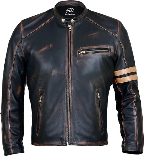 Jild Chaqueta de cuero negro envejecida Café Racer para hombre, de piel de cordero auténtica, estilo motociclista, estilo vintage para hombre