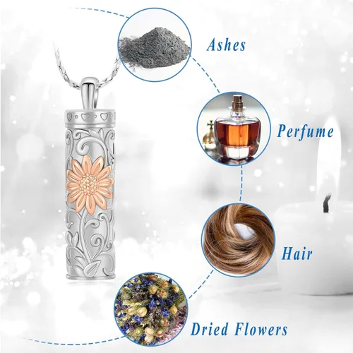 Miniatura 66 de Collar de urna de girasol para cenizas, collar de barra cilíndrica para cenizas para mujer, colgante de recuerdo para cenizas, joyería de cremación