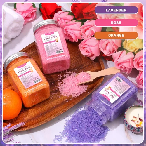 Miniatura 2 de Kit de sal rosa del Himalaya, paquete de 2 sales naturales de remojo para pies, aceites esenciales de sal de Epsom, lavanda, naranja, rosa, aroma a