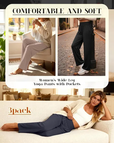 Miniatura 45 de Neer - Conjunto de 3 pantalones de yoga de pierna ancha para mujer - Pantalones deportivos cómodos, holgados, de cintura alta y casuales