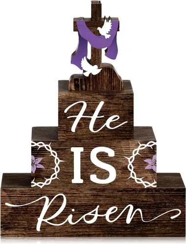 Miniatura 9 de 4 piezas de decoración de mesa de Pascua con texto en inglés "He Is Risen" de madera religiosa, centro de mesa de madera religiosa, bloques de cruz