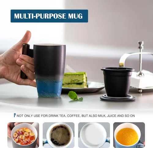Miniatura 4 de suyika Tomotime - Taza de té de cerámica con infusor y tapa, asa de madera, 13.5 onzas (400 ml) Negra cian 01-negro y azul