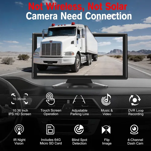 Miniatura 2 de Sistema de cámara de respaldo con 4 cables para camión RV, monitor de pantalla táctil de 10.36 pulgadas con 4 cámaras 1080P, alerta BSD inteligente