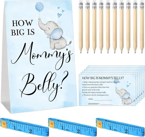 Miniatura 23 de Sabary 64 Piezas Juegos de Baby Shower Incluyen Letrero How Big is Mommy's Belly Sign Measure Bump Game 50 Tarjetas 10 Lápices 3 Cintas Métricas