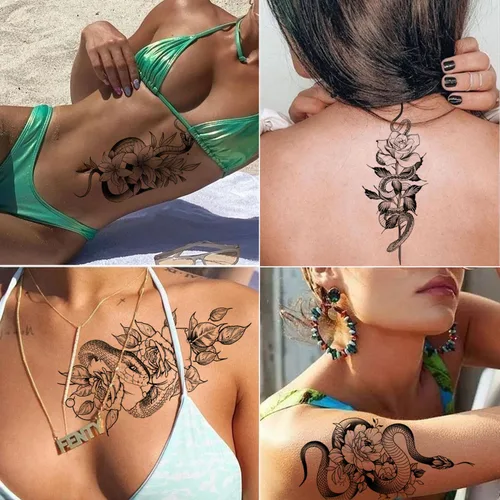 Miniatura 5 de Tazimi Tatuajes temporales de serpiente, 12 hojas 3D negras realistas de serpiente, rosa, tatuajes florales, calcomanías grandes y sexys