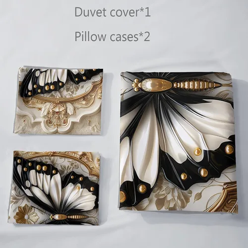 Miniatura 4 de AILONEN Juego de ropa de cama de mariposas en blanco y negro tamaño King, juego de funda de edredón con estampado de estilo en relieve de lujo