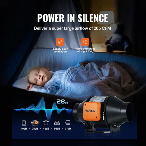 Miniatura 4 de VEVOR Ventilador de conducto en línea, 4 pulgadas 205 CFM con controlador de humedad y temperatura, ventilador silencioso de ventilación con motor