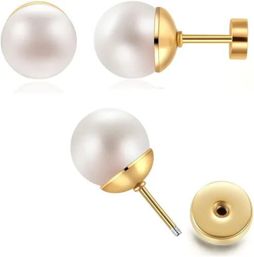 Pearl Stud Earrings for Women,Flat Screw Back Pearl Helix Earrings Cartilage Earrings 316L Surgical Steel Piercing Jewelry Gift(7,8,9,10mm Pearl)