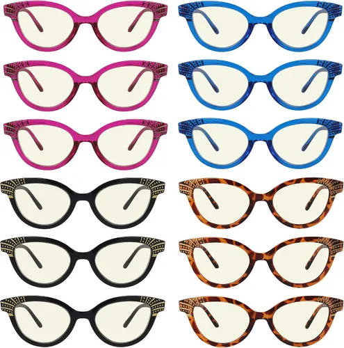 Eyekepper - Pack de 12 lentes con bloqueo de luz azul para lectura y computadora, estilo ojo de gato, para mujeres +0.75