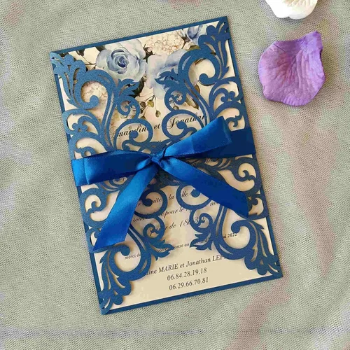 Miniatura 11 de 25 piezas de tarjetas de invitaciones de boda cortadas con láser con purpurina verde con sobres, hojas interiores en blanco, cintas