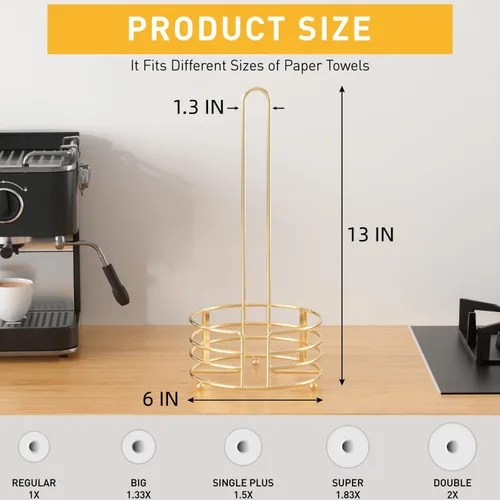 Miniatura 2 de Buruis Soporte de toallas de papel para encimera, dispensador de toallas de papel de metal con asa en forma de U y base estable, dorado