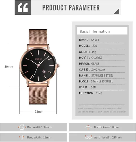 Miniatura 4 de SKMEI Womens Watches Slim Thin Luxury Dress Rose Gold Stainless Steel Mesh Watches Fashion Waterproof Ladies Black Wrist Watch with Date