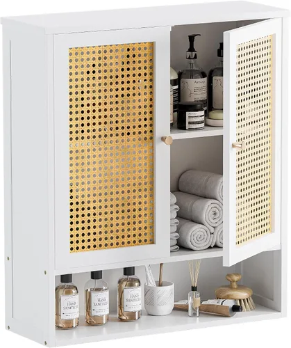Miniatura 9 de HITNET Gabinete de baño montado en la pared, gabinete colgante de ratán, gabinete de pared de baño que ahorra espacio con 2 puertas y estantes Negro