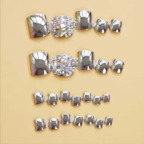 Miniatura 2 de Foccna Uñas postizas plateadas con purpurina, uñas postizas a presión, uñas postizas, uñas postizas de lujo, uñas postizas acrílicas con diamantes