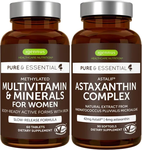 Multivitamínico y minerales para mujeres + paquete vegano de complejo de astaxantina, multivitamínico avanzado de liberación sostenida con hierro +