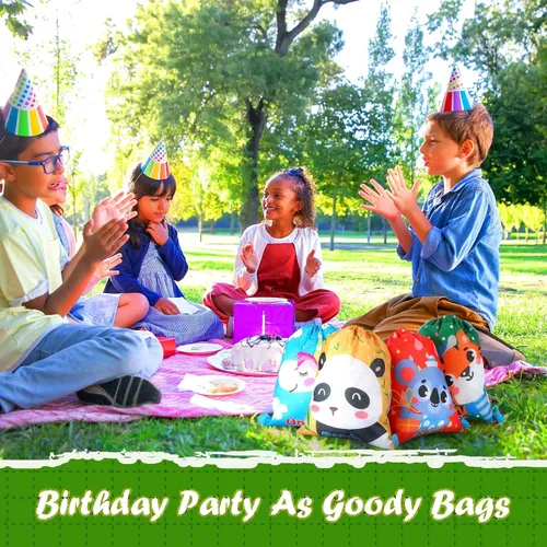 Miniatura 7 de Shappy Paquete de 12 bolsas de recuerdos de fiesta de animales de dibujos animados, bolsa de regalo de animales de safari, mochila con cordón