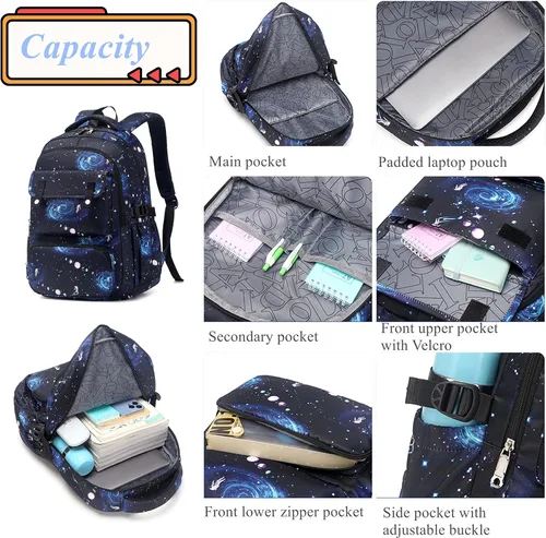 Miniatura 5 de Mochila escolar con estampado de galaxia para niños, mochila de escuela media primaria
