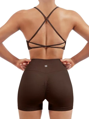 SUUKSESS Conjuntos de entrenamiento sin costuras para mujer, sujetador deportivo con tiras y cintura alta, pantalones cortos