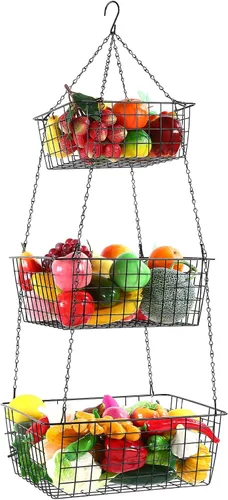 Hicarer Cesta de frutas colgante de 3 niveles cuadrada de 35.4 pulgadas, organizador de frutas de cocina, organizador de alambre resistente con