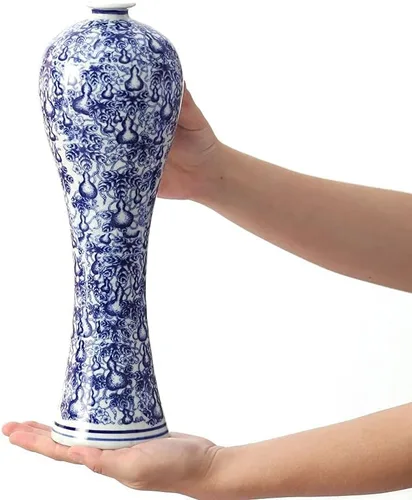 Miniatura 5 de Jarrón de cerámica de porcelana azul y blanca de 13 pulgadas, hecho a mano, decorativo para sala de estar, decoración del hogar, oficina, centro
