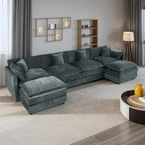 Miniatura 59 de Setawix Sofá Profundo de 3 Plazas con Otomana, Sofás de Nube en Forma de L de 112.2" para Sala de Estar, Sofá de Nube de Chenilla con Asiento Café