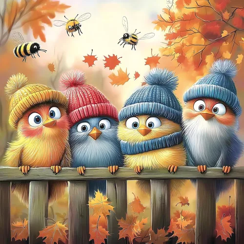 Autumn Birds - Rompecabezas de 500 piezas para adultos, lindo paisaje natural de otoño, dibujos animados, pájaros bebés con sombreros de invierno,