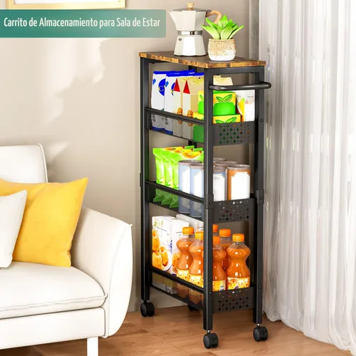 Miniatura 6 de Vivihomety Carrito de Almacenamiento Delgado Utilitario con Ruedas, Carrito Rodante Pequeño de 4 Niveles con Parte Superior de Madera, Carro