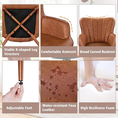 Miniatura 5 de Yaheetech Sillón de piel sintética, silla moderna con patas de metal, cómoda silla tapizada para sala de estar, dormitorio, tocador, marrón, 2 piezas
