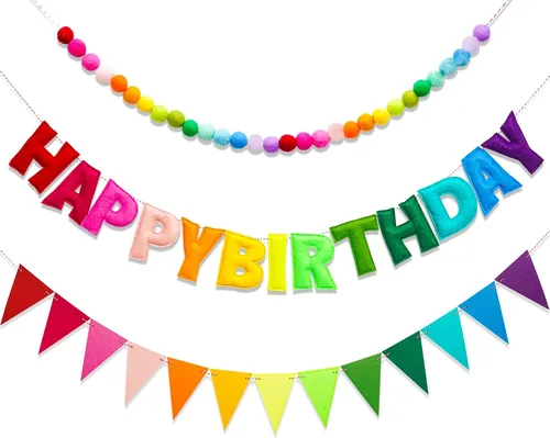 Miniatura 12 de Cartel de feliz cumpleaños pre-encordado – Guirnalda de bola de fieltro, decoraciones de fiesta temática blanca, guirnalda de feliz cumpleaños