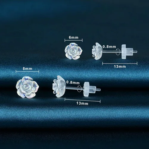 Miniatura 3 de Aretes de Poste de Plástico para Orejas Sensibles, KMEOSCH 2 Pares (6mm y 8mm) Rosa 3D Transparente Sin Metal Aretes de Tuerca Totalmente