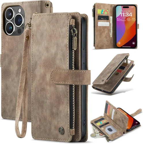 Miniatura 9 de CaseMe - Funda tipo cartera para iPhone 15 Pro Max, multifunción, hecha a mano, de piel sintética, con cremallera, a prueba de golpes, con cierre