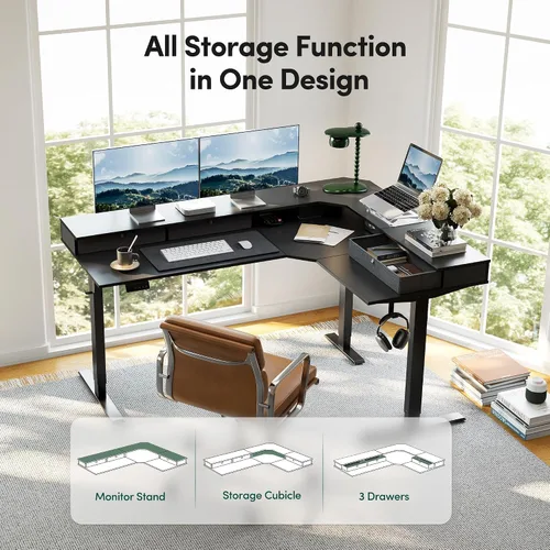 Miniatura 4 de CubiCubi 63x48 Inches L Shaped Standing Desk with 3 Drawers and Monitor Shelf, Height Adjustable Corner Computer Desk with Hooks, Sit Stand Up