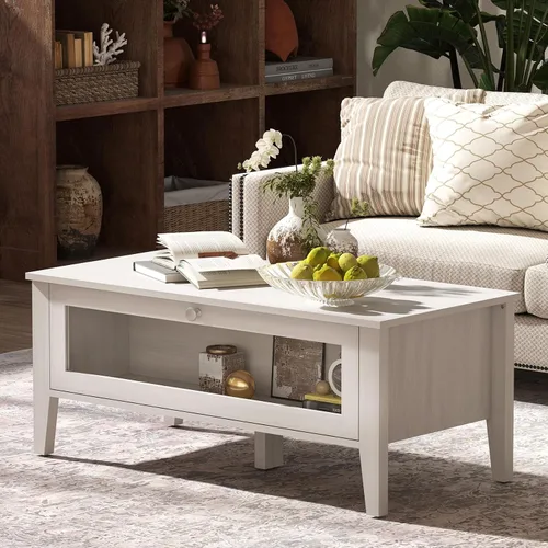 Miniatura 3 de Bonzy Home Mesa de centro moderna blanca con almacenamiento de puerta de vidrio, mesa central rectangular de madera para sala de estar, 39.4 x 18.9
