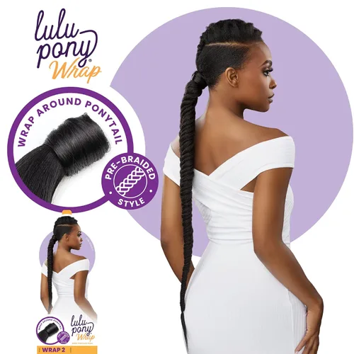 Miniatura 2 de Sensationnel Lulu Pony Wrap Hairextensions- 2 colas de caballo yaki sintéticas de alto calor o hasta la pieza de peluca de pelo (1 JETBLACK)