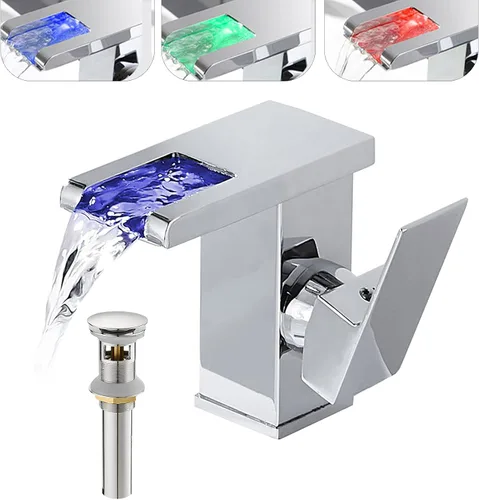 Miniatura 9 de Grifo de baño con luz LED RGB, boquilla de cascada, color negro, 3 colores cambiantes, mango de un agujero, conjunto de drenaje a juego