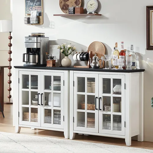Miniatura 17 de Aparador Grande Buffet con Almacenamiento, 32" Mueble de Cocina Estilo Granja Azul Marino para Café y Vino con 2 Puertas de Vidrio, Mesa Aparador