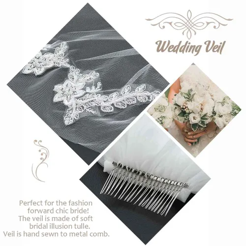 Miniatura 4 de Unsutuo Velo de boda marfil con apliques de encaje cortos para novia, longitud al hombro, velo de tul nupcial con peine para mujeres y niñas