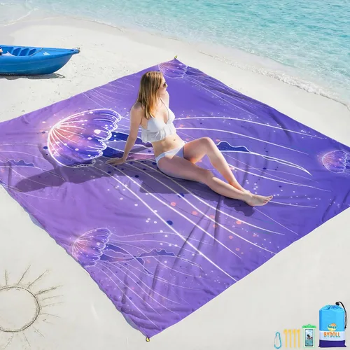Miniatura 19 de BYDOLL Manta de playa impermeable a prueba de arena, grande sin arena, 78 x 81 pulgadas, 10 x 9 pies, manta ligera de gran tamaño sin arena, manta