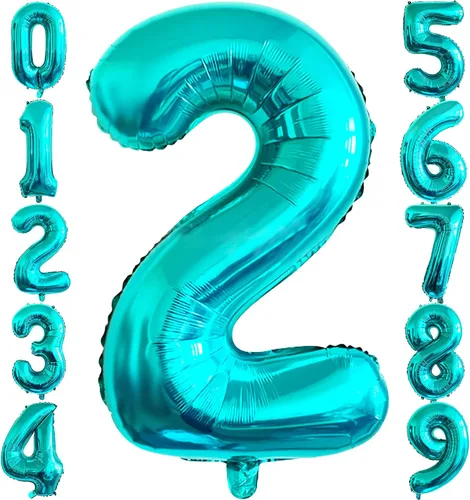 Globo de 40 pulgadas, color azul turquesa número 2, globos de helio de Mylar de papel de aluminio de dígitos de gran tamaño para baby shower, fiesta