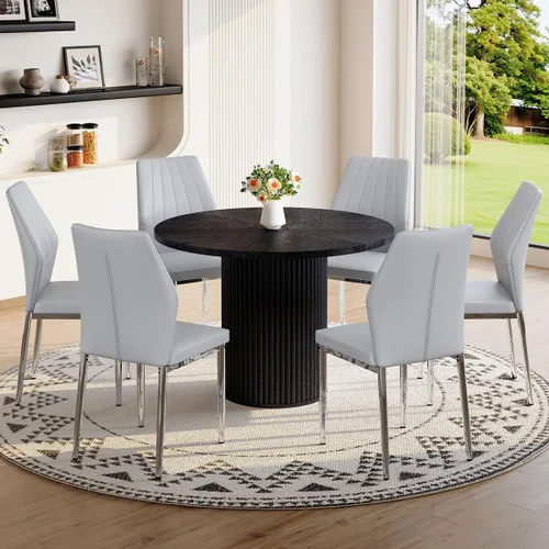 Miniatura 24 de Mesa de comedor redonda para 4-6, mesa de comedor negra con tablero de madera de 42'' y base de pedestal cilíndrico, mesa de cena redonda