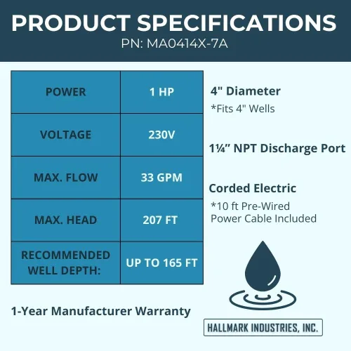 Miniatura 2 de Bomba sumergible Hallmark Industries AMA0414X-7A Deep Well, de 1 Hp, 230 V, 60 Hz, 33 GPM, cabezal de 207 pulgadas, acero inoxidable, 4 pulgadas