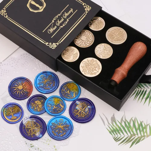 Miniatura 4 de SWANGSA Galaxy Universe - Juego de sellos de cera para sellos, 6 cabezales de sello de cera de sellado vintage y 1 mango de madera para Navidad