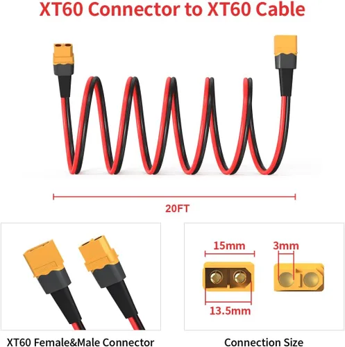 Miniatura 6 de ELFCULB 12AWG 20FT Cable de Extensión XT60 2 6 10 20 35 50 75 100FT Conector XT60 Hembra a Macho para Batería RC Estación de Energía Portátil Panel