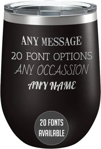 Vaso de vino personalizado de acero inoxidable recubierto de polvo de 12 onzas con tapa, grabado personalizado, regalos de vino personalizados para